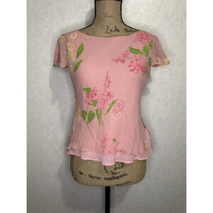 Vintage 100% Silk Pink Floral Blouse Flutter Lettuce Cottagecore Fairy Y2K Sz 6